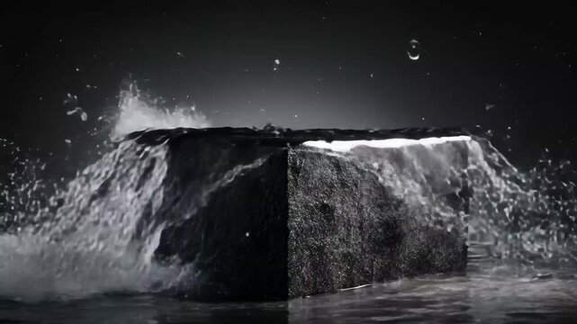 Water splashes dramatically off a textured stone block against a dark background in a creative art display