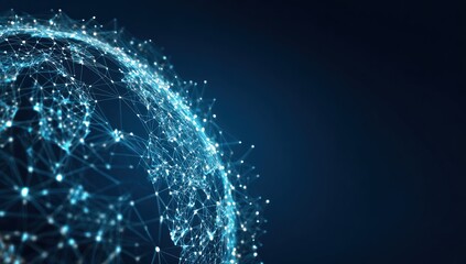 Glowing blue digital network sphere against dark blue background space