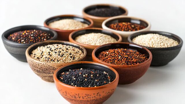 A collection of colorful spices in small bowls, ready for cooking or a culinary presentation.