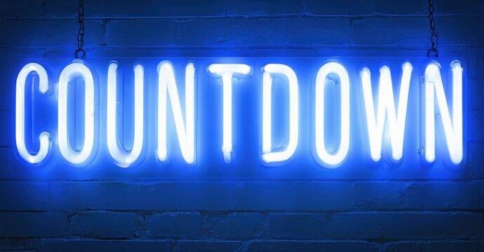 Bright neon sign spells COUNTDOWN against blue brick wall. Chains suspend glowing text. Simple, bold design evokes anticipation.