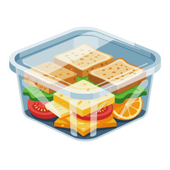 Expired food in transparent container with bread, cheese, and vegetables  isolated on a transparent background