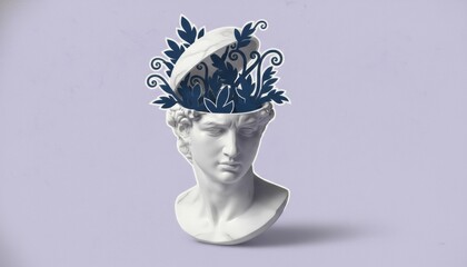 White classical marble bust head statue with its skull opened to reveal dark blue stylized plants growing from inside, a surreal conceptual collage on a light purple background