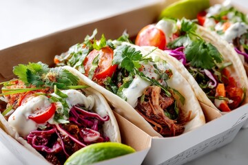 tasty tacos in a bento box in front of white background