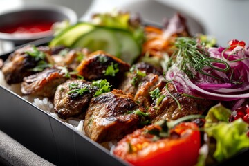 exquisite kebab in a bento box in white background