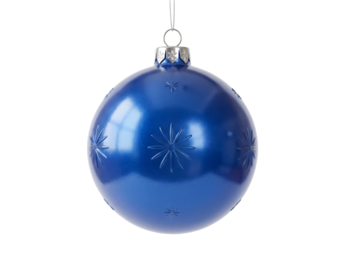 Shiny blue Christmas ball with star pattern isolated PNG, festive holiday ornament for seasonal decoration on transparent background