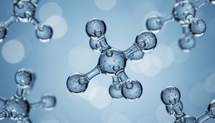 Transparent glass molecule model with bubbles inside floating in a scientific environment with a shallow depth of field and a soft blue bokeh background