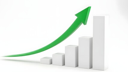 Green Arrow Ascending Over White Bar Graph Business Growth Concept.