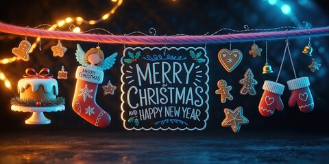 Christmas decorations are hanging on a string, creating a festive with cookies and a cake