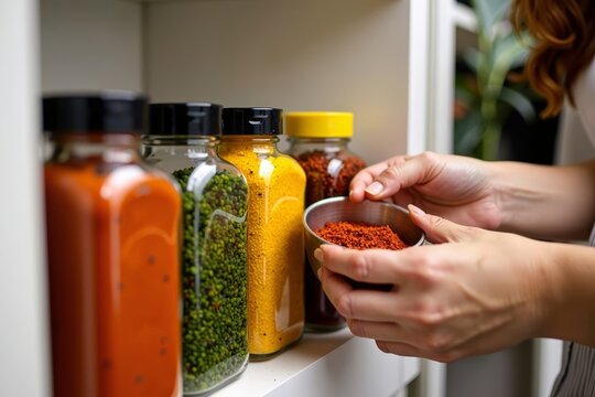 Young woman arranging colorful spices in kitchen pantry up close