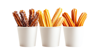 Assorted Churros in Paper Cups on Transparent Background