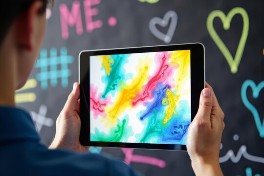 Hand holding a digital tablet featuring dynamic abstract design, against a backdrop of colorful chalk drawings on a chalkboard.