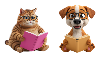 Adorable cartoon dog and cat with a book isolated on transparent background