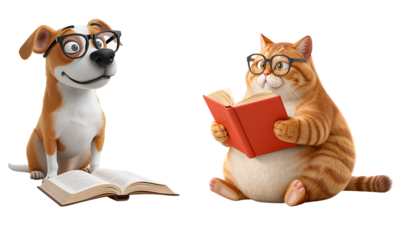 Adorable cartoon dog and cat with a book isolated on transparent background