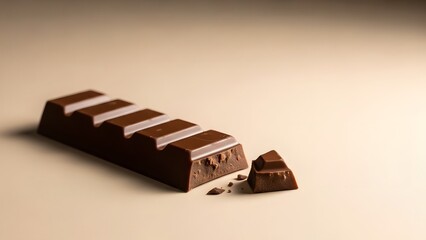 Smooth Milk Chocolate Bar with Broken Segment and Crumbs on Warm Beige Appetizing Studio Shot.