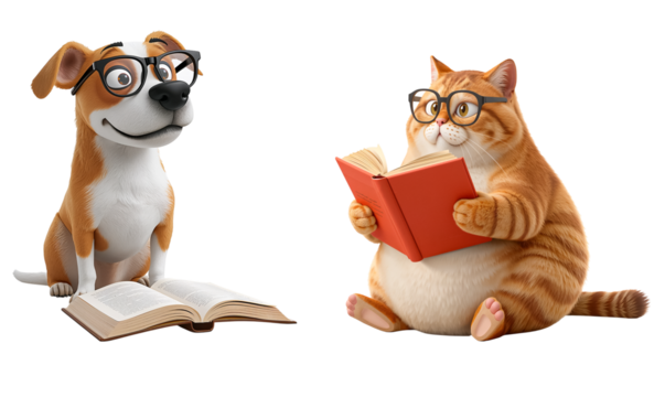 Adorable cartoon dog and cat with a book isolated on transparent background