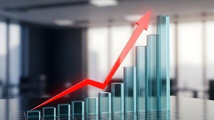 Vibrant 3D Glass Bar Chart with Red Upward Arrow on Grid Symbolizing Financial Growth.