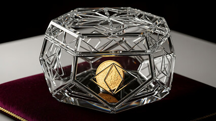Ornate crystal box with golden emblem on velvet surface