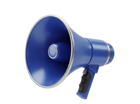 Blue megaphone PNG isolated on transparent background, handheld bullhorn for announcements and public speaking events