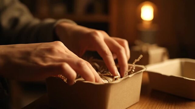 Closeup of hands carefully placing a small wrapped gift into a larger box filled with packing material illuminated by a warm soft light in a cozy setting.