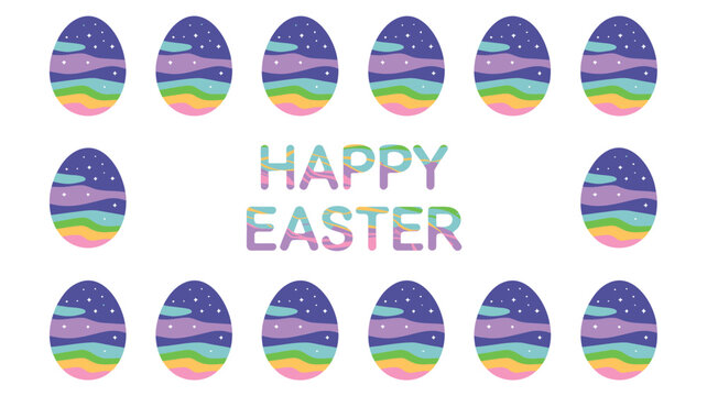 Happy easter greeting with colorful decorative eggs featuring starry night sky patterns and wavy stripes