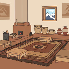 A Warm and Inviting Traditional Room with Hearth, Carpet and Rustic Charm