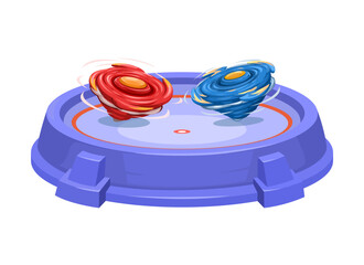 Colorful Spinning Top Battle in Arena. Dynamic Toy Competition Illustration Vector