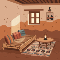 Adobe House Interior with Bamboo Couch and Lantern, Warm Tones Style