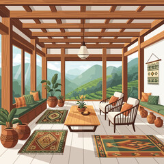 Bohemian interior sunroom with mountain view and earthy tones illustration