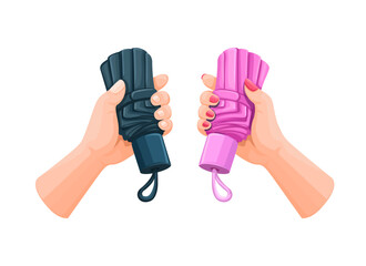 Hands Holding Compact Foldable Umbrellas. Portable Travel Accessory Illustration Vector