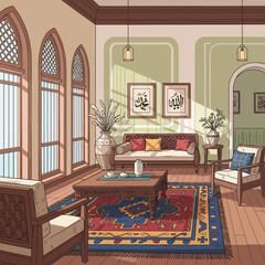 Captivating Middle Eastern Style Living Room with Detailed Islamic Artwork