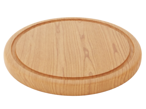 Round wooden cutting board isolated PNG, natural wood grain serving platter for food preparation and presentation on transparent background