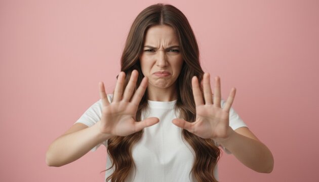 Disgusted young woman with long brown hair showing a stop gesture with both hands and a repulsed facial expression, looking at the camera on a plain pink background