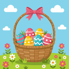 Colorful Easter eggs in basket with flowers and blue sky background  