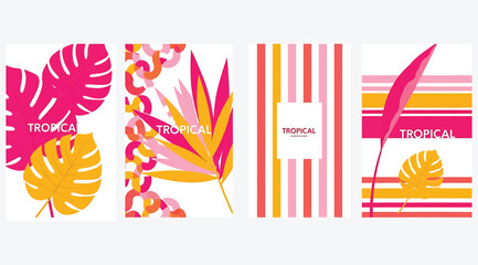 Set of four tropical notebook covers with bold pink, orange, and yellow hues featuring leaves, feathers, stripes, and abstract patterns. Includes titles &ldquo;TROPICAL,&rdquo; &ldquo;STYLE,&rdquo; &ldquo;NOTES,&rdquo; and &ldquo;JOURNAL&rdquo; in 