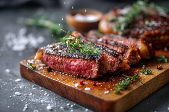 juicy medium rare ribeye steak on a wooden board isolated on grey concrete background