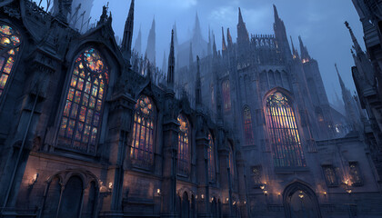 Fototapeta premium Grand Cathedral Exterior with Stained Glass Windows at Dusk