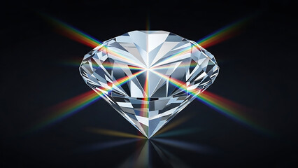 Sparkling diamond with rainbow reflections on a black background