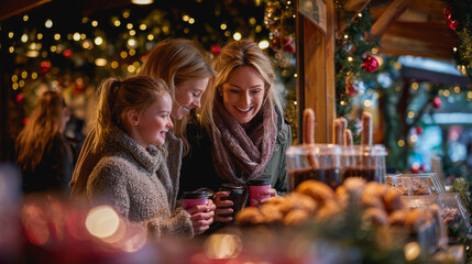 Happy family women drinking hot chocolate at Christmas market during night time - Xmas, winter holiday and festive concept - Models by AI generative