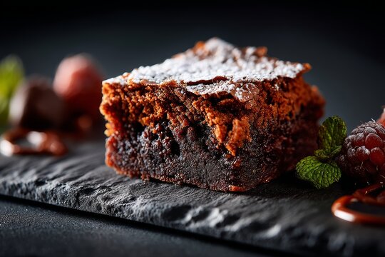 delicious brownie on a slate plate isolated in black slate background - Powered by Adobe
