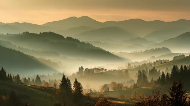 Serene morning view of misty mountains and valleys in a tranquil landscape at dawn - Powered by Adobe