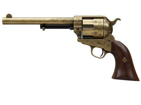 Ornate gold revolver isolated PNG on transparent background, vintage western six-shooter with engraved details for historical designs