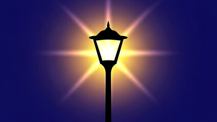 Vintage street lamp with bright light against a dark blue background