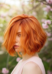 Portrait of a Woman with Short Wavy Red Hair and Freckles in a Pink Dress Outdoors