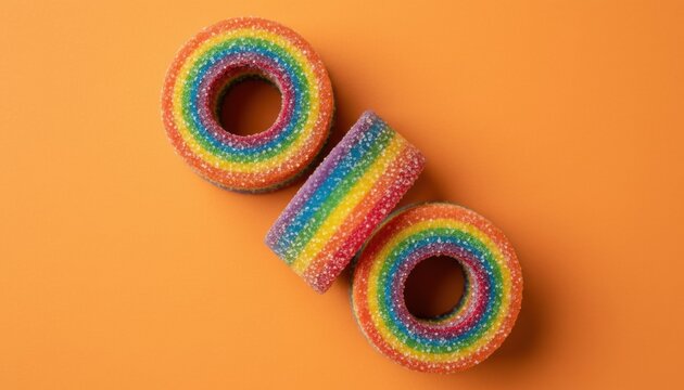 Three rainbow colored sour gummy candy rings and a rectangular piece arranged in a minimalist top-down flat lay composition on a vibrant orange background