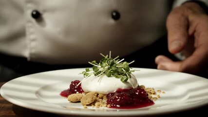 Chef garnishing a plated dessert with microgreens and fruit sauce