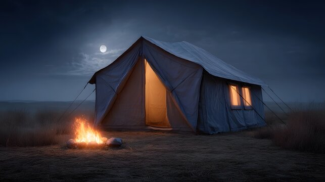A cozy tent with a warm campfire glows under the moonlight in a serene wilderness setting at night - Powered by Adobe