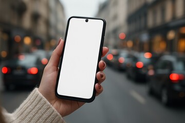 A close-up of a woman’s hand holding a smartphone with a blank screen on a city street, wearing a cream knitted sweater. The urban background is softly blurred, creating a modern lifestyle concept.