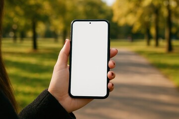A woman’s hand holding a modern smartphone with a blank display in a sunny park. Green trees and a walking path in the background evoke a peaceful outdoor atmosphere.
