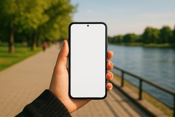 A person holding a smartphone with a blank white screen at a riverside promenade on a bright summer afternoon. Modern technology and leisure lifestyle by the water.