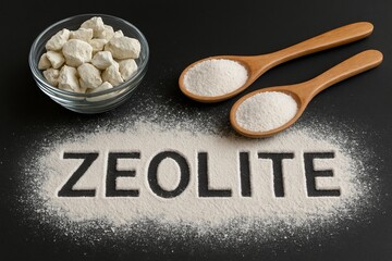 Educational composition of natural zeolite mineral showing raw stones in a glass bowl, fine powder spread with inscription ZEOLITE, and wooden spoons with powder for practical applications.
